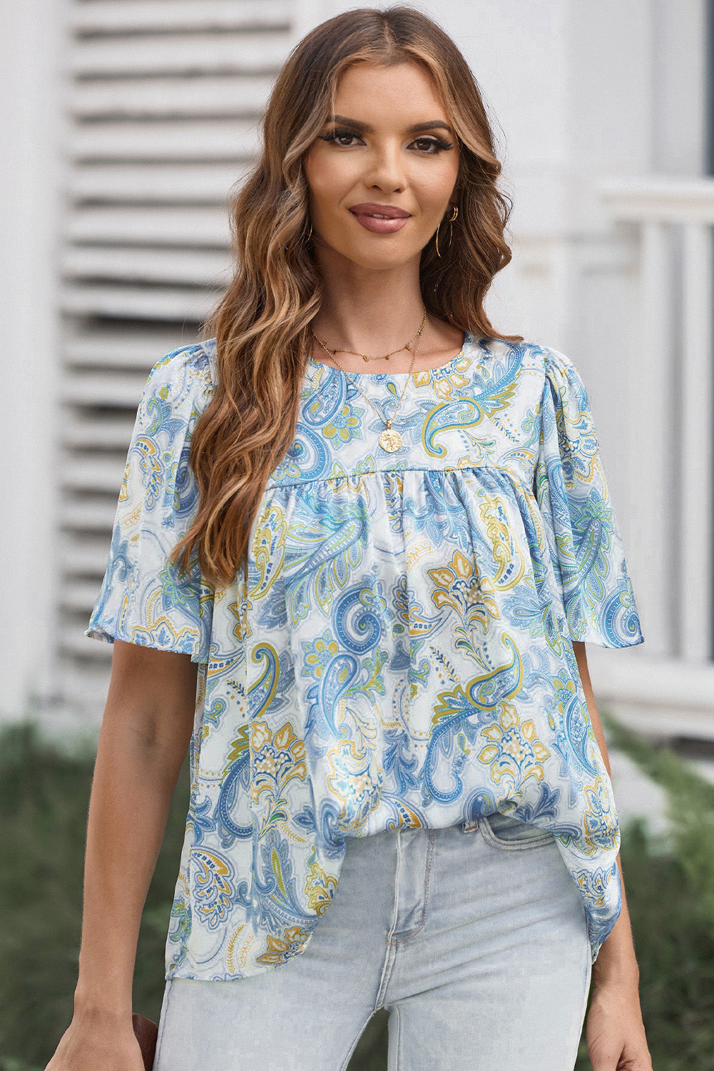 Printed Round Neck Short Sleeve Blouse - Classique Collection