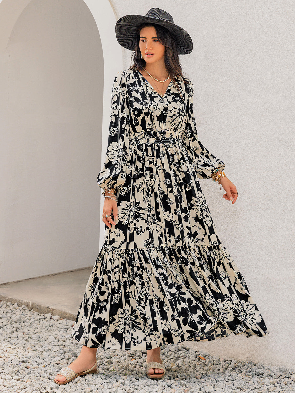 Smocked Printed Tie Neck Long Sleeve Dress - Classique Collection