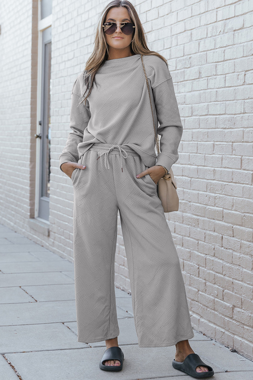 Double Take Full Size Textured Long Sleeve Top and Drawstring Pants Set - ClassiQ