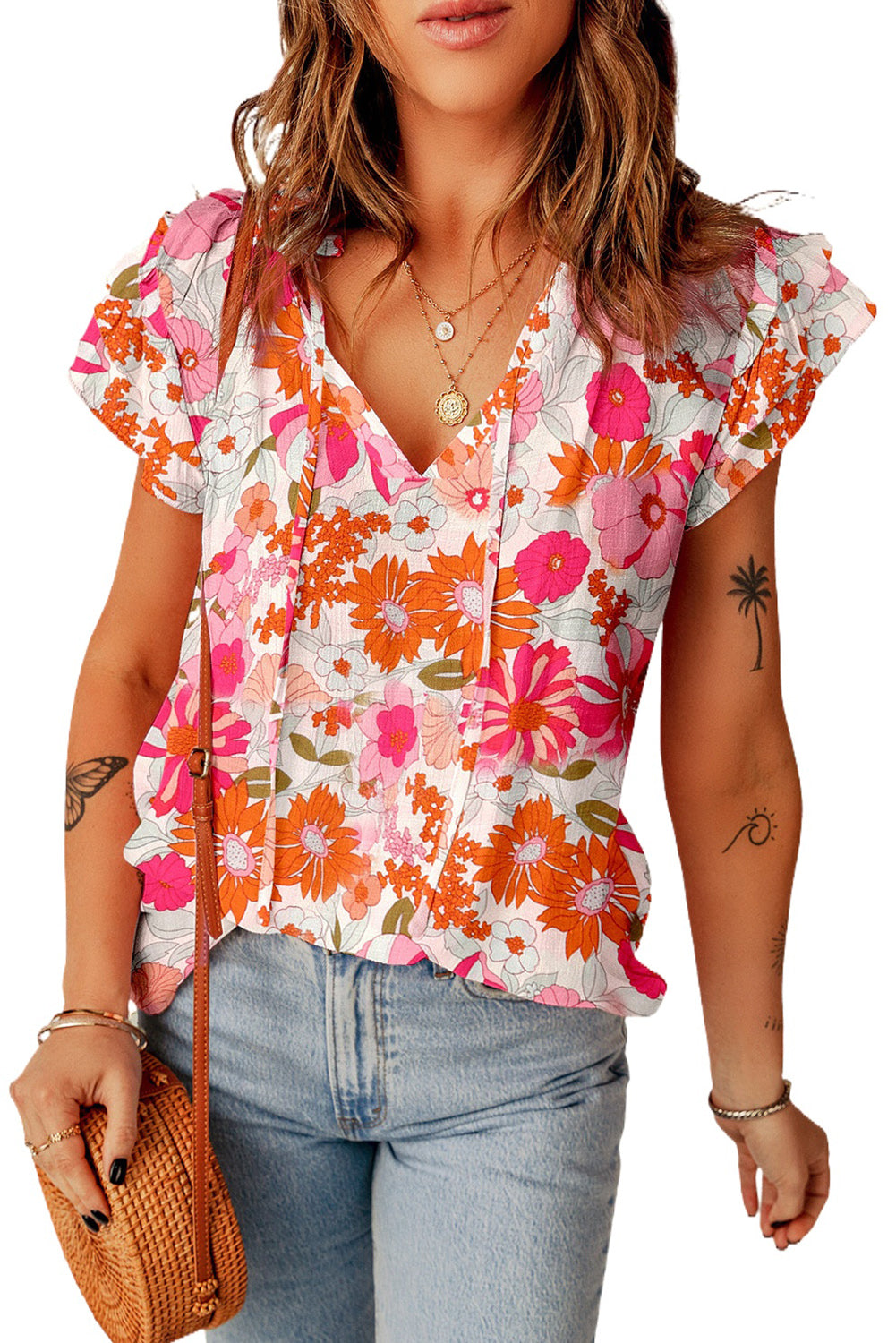 Floral Tie Neck Flutter Sleeve Blouse - ClassiQ