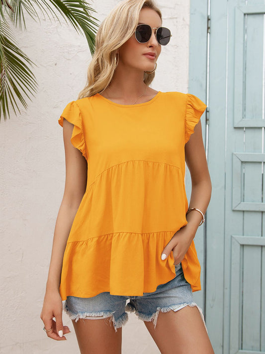Ivy Lane Round Neck Flutter Sleeve Tiered Blouse - ClassiQ