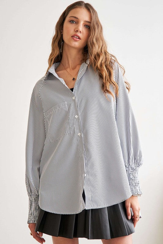 ADORA High-Low Striped Button Down Smocked Lantern Sleeve Shirt - ClassiQ