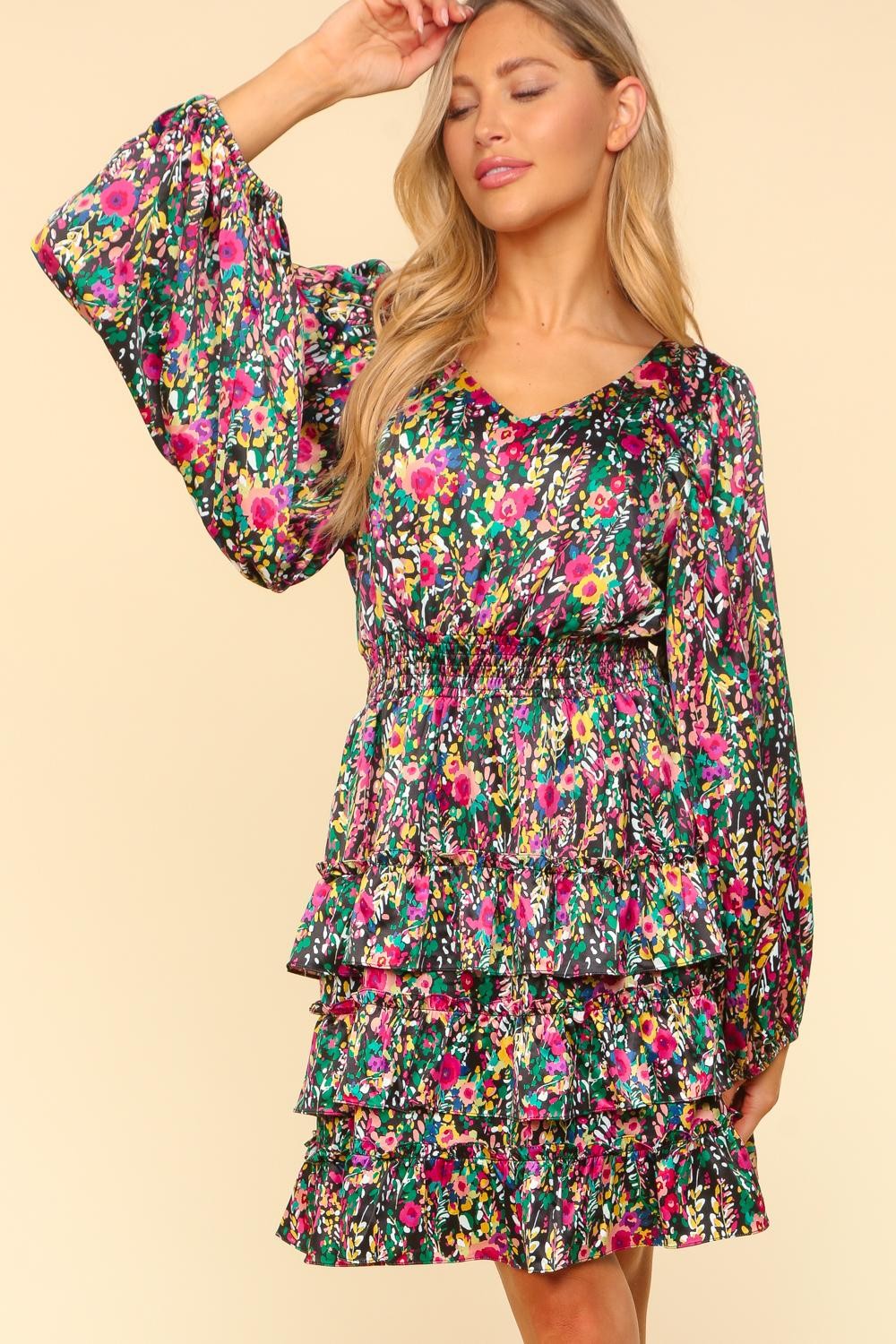 Haptics V-Neck Satin Floral Layered Dress - Classique Collection
