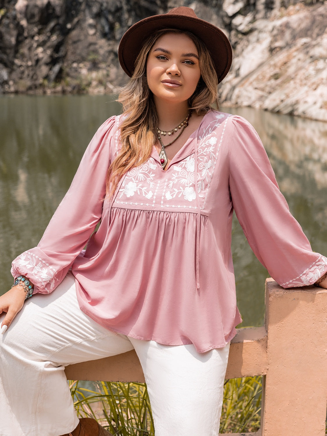 Plus Size Tie Neck Puff Sleeve Blouse - Classique Collection
