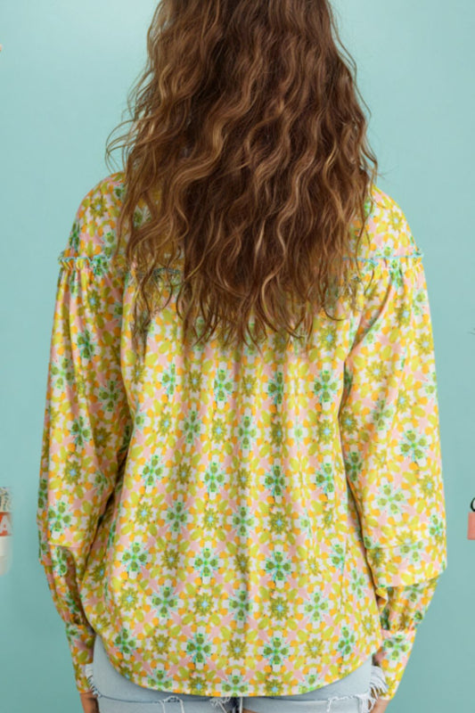 Frill Printed Collared Neck Long Sleeve Blouse - Classique Collection