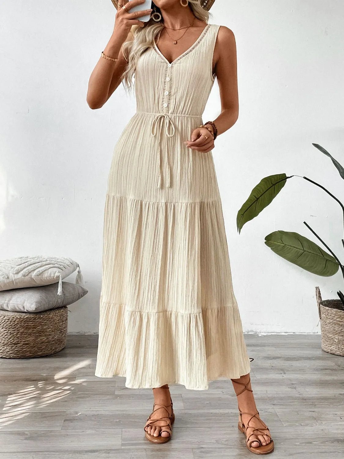 Decorative Button V - Neck Sleeveless Midi Tank Dress