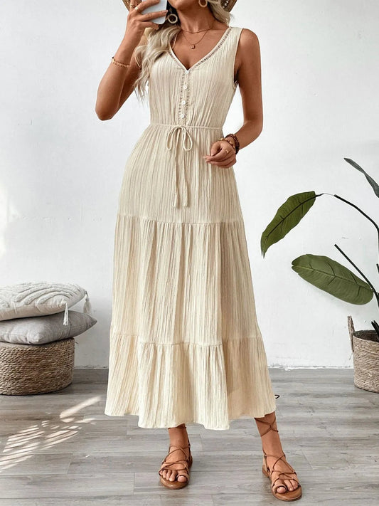 Decorative Button V - Neck Sleeveless Midi Tank Dress