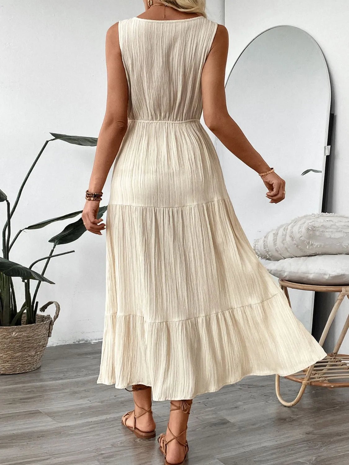 Decorative Button V - Neck Sleeveless Midi Tank Dress