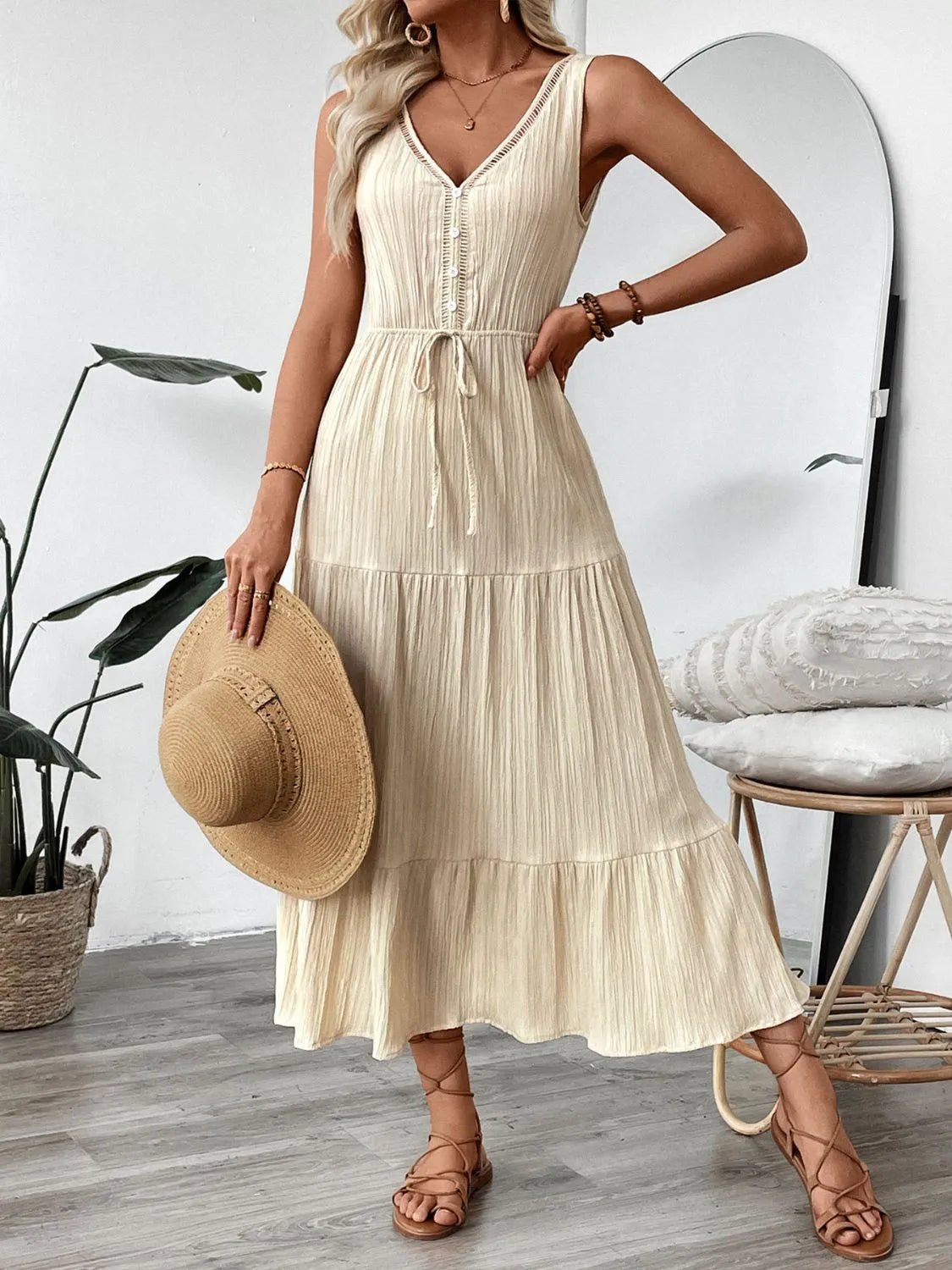 Decorative Button V - Neck Sleeveless Midi Tank Dress
