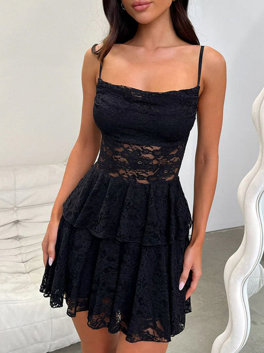 Devine Lace - Up Layered Lace Mini Cami Dress