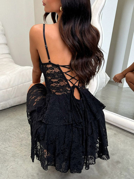 Devine Lace - Up Layered Lace Mini Cami Dress