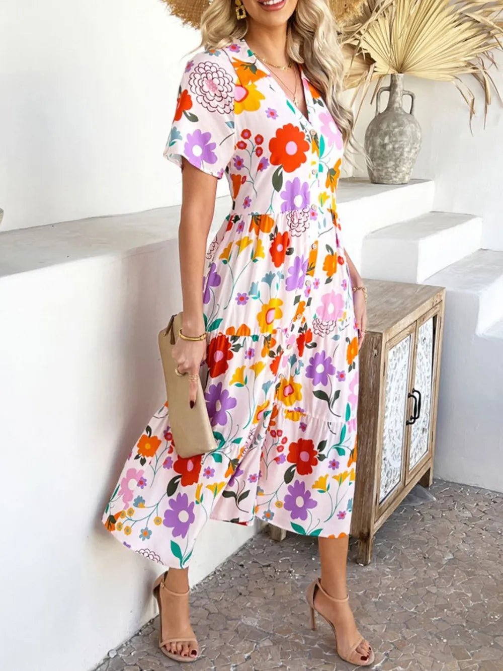 Devine Printed Johnny Collar Button Down Short Sleeve Midi Shirt Dress