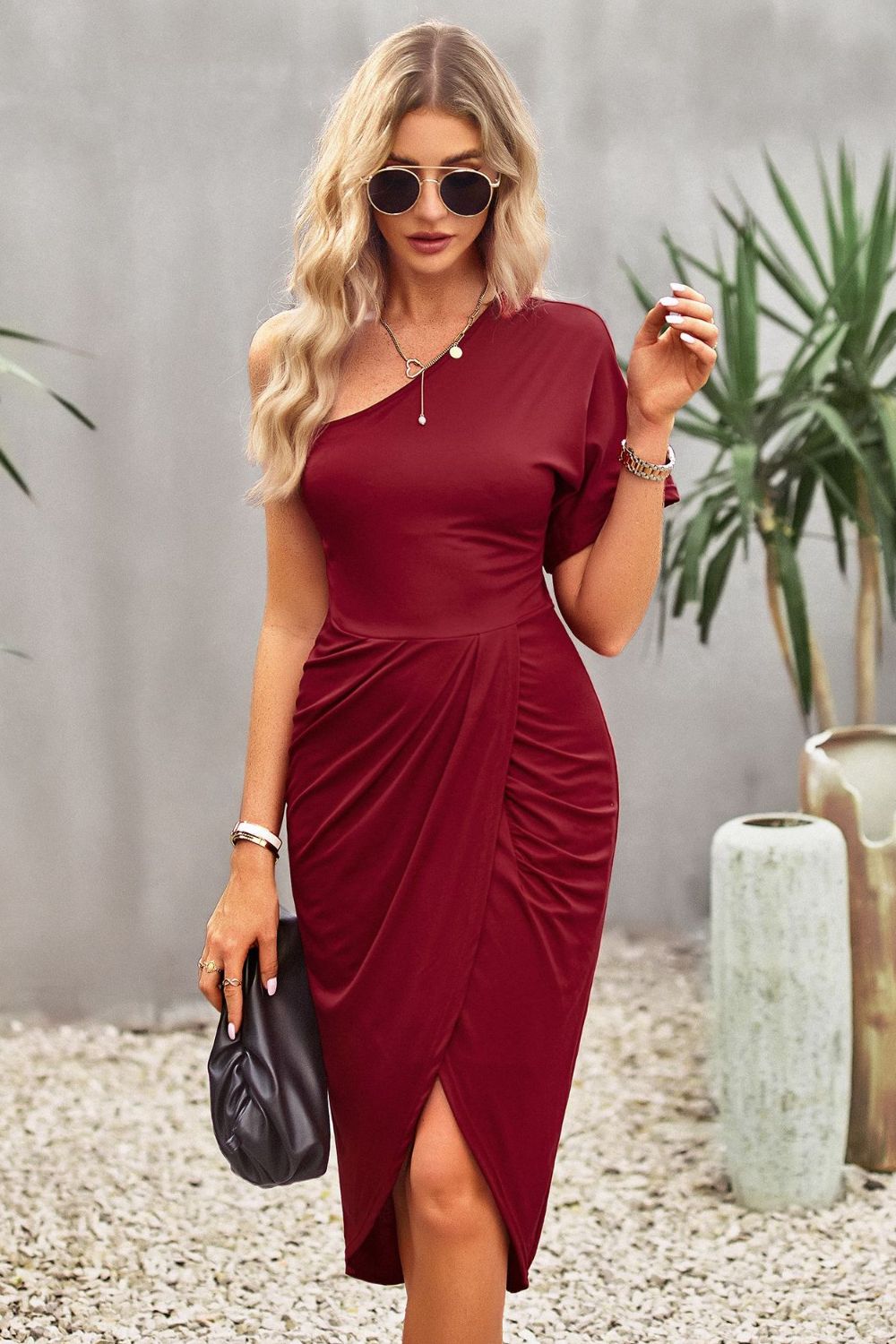 Devine Ruched One - Shoulder Tulip Hem Dress