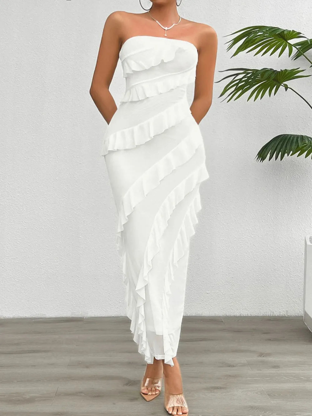 Devine Ruffled Slit Back Tube Maxi Dress