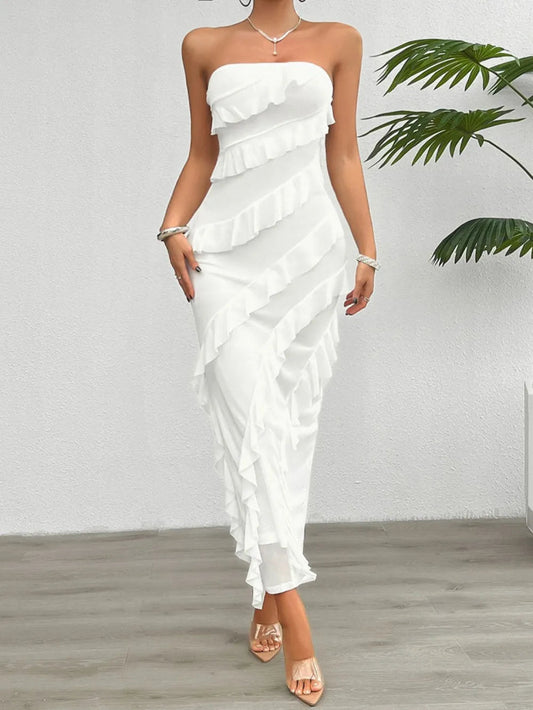 Devine Ruffled Slit Back Tube Maxi Dress