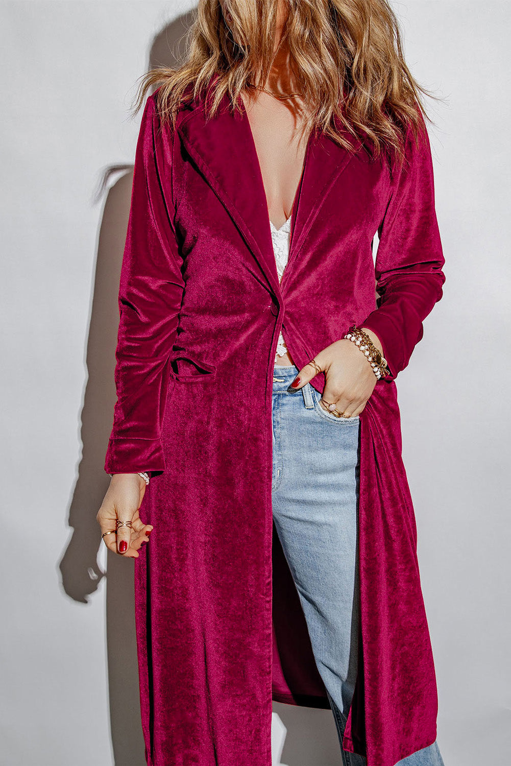 Collared Neck Longline Velvet Cardigan with Pockets - Classique Collection