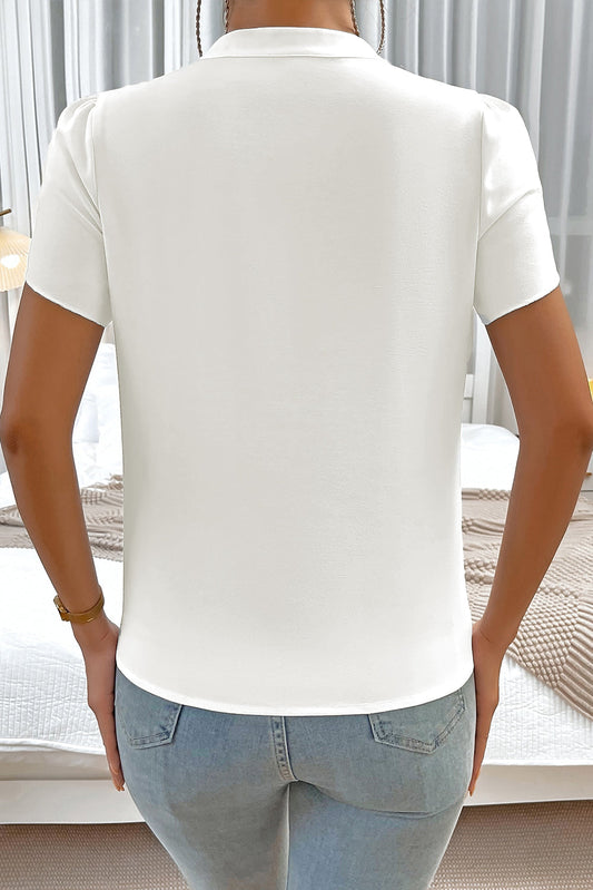 White Silky Notched Neckline Petal Sleeve Blouse ClassiQ