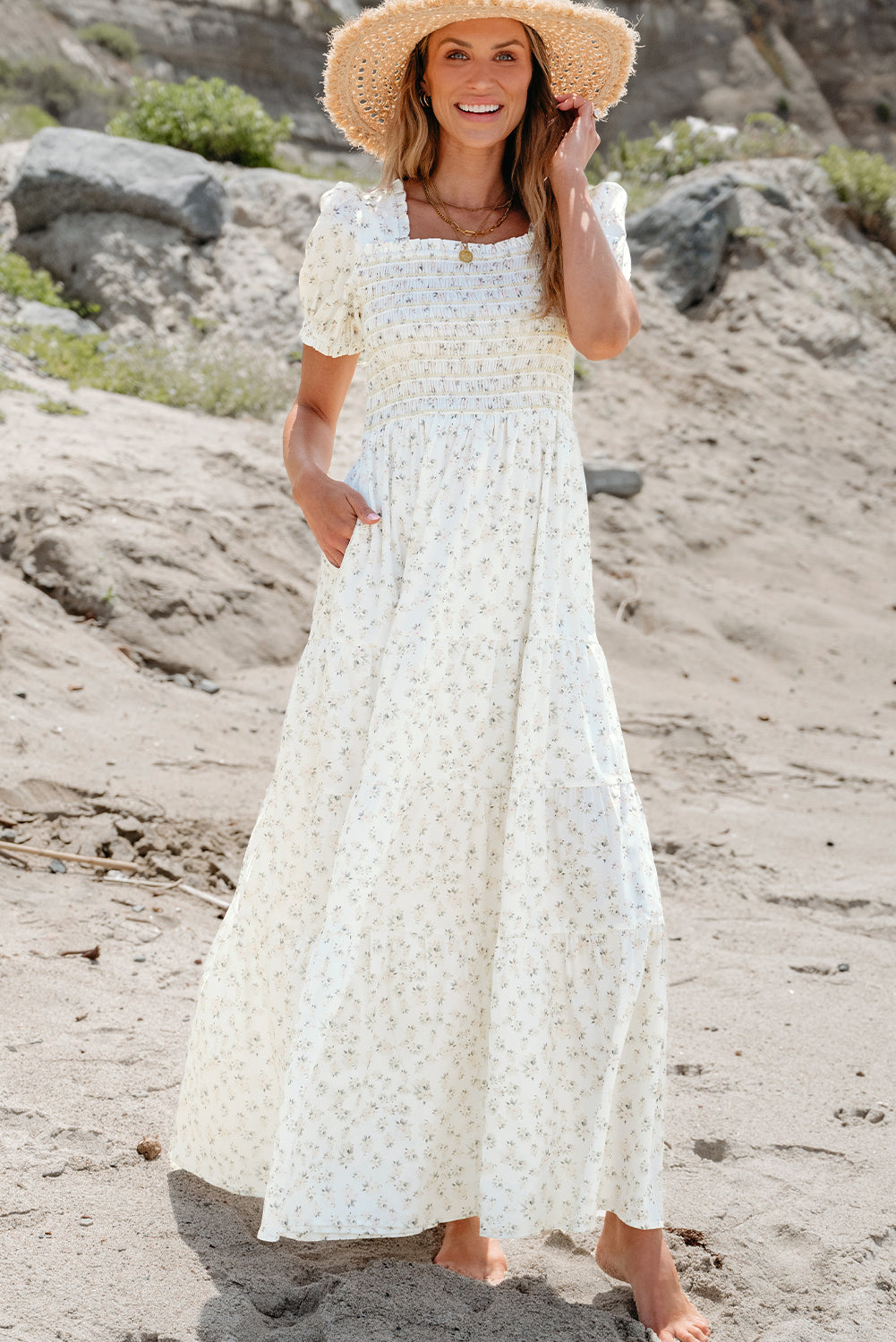 White Frilly Shirred Bodice Tiered Floral Maxi Dress ClassiQ