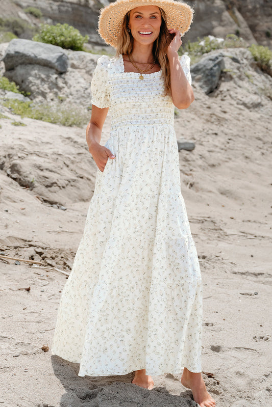 White Frilly Shirred Bodice Tiered Floral Maxi Dress ClassiQ