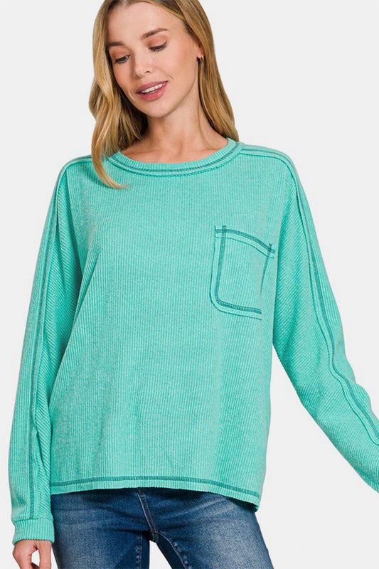 Zenana Full Size Contrast Stitching Brushed Ribbed Hacci Knit Top Plus Size - ClassiQ
