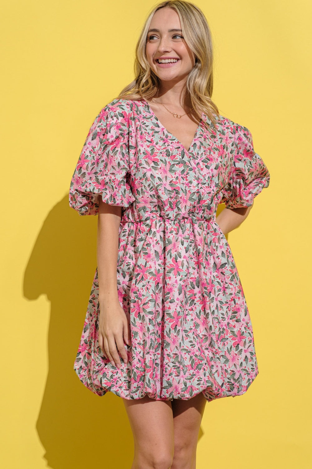 And The Why Full Size Floral Surplice Puff Sleeve Dress - Classique Collection