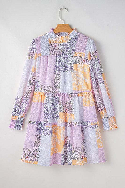 Frill Printed Mock Neck Long Sleeve Mini Dress - Classique Collection