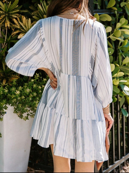 Tassel Striped Tie Neck Batwing Sleeve Dress - Classique Collection