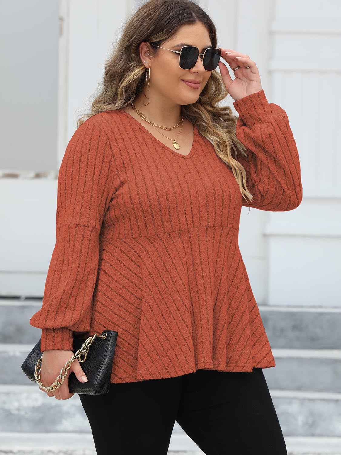 Plus Size Ribbed V-Neck Long Sleeve Blouse - Classique Collection