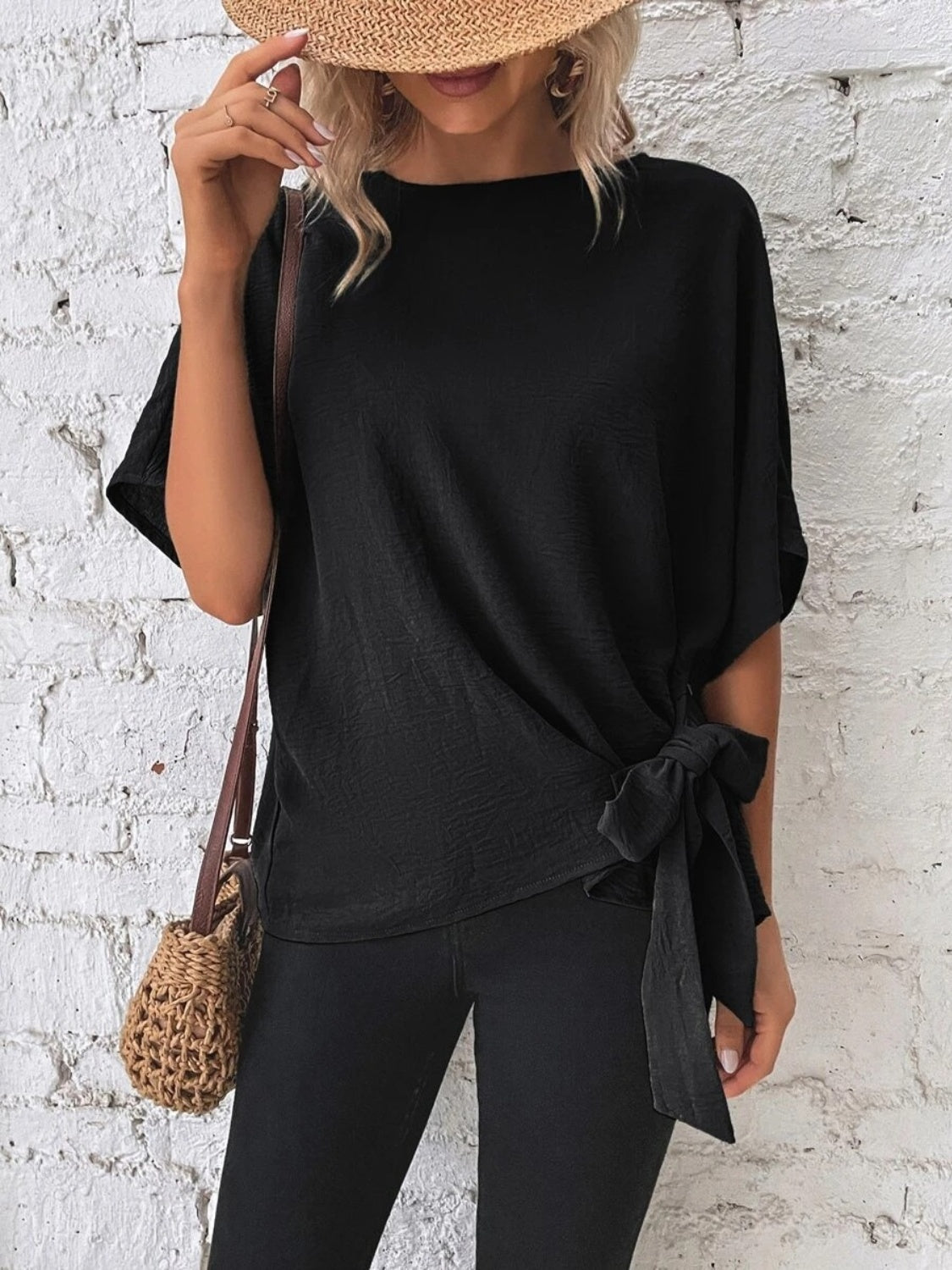 Knotted Round Neck Half Sleeve Blouse - ClassiQ