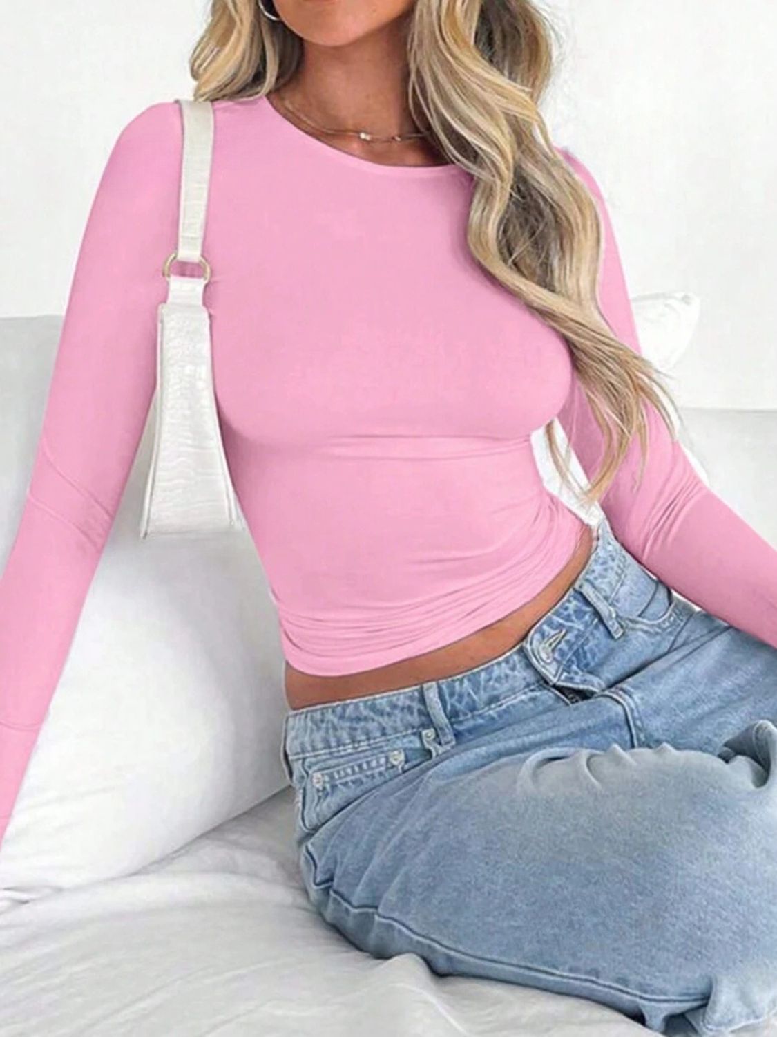 Solid Color Round Neck Long Sleeve T-Shirt - Classique Collection