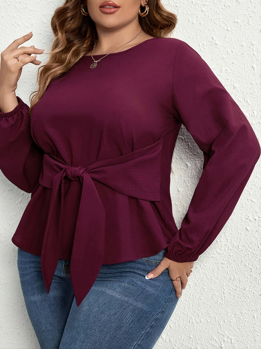Plus Size Tie Front Long Sleeve Blouse - ClassiQ