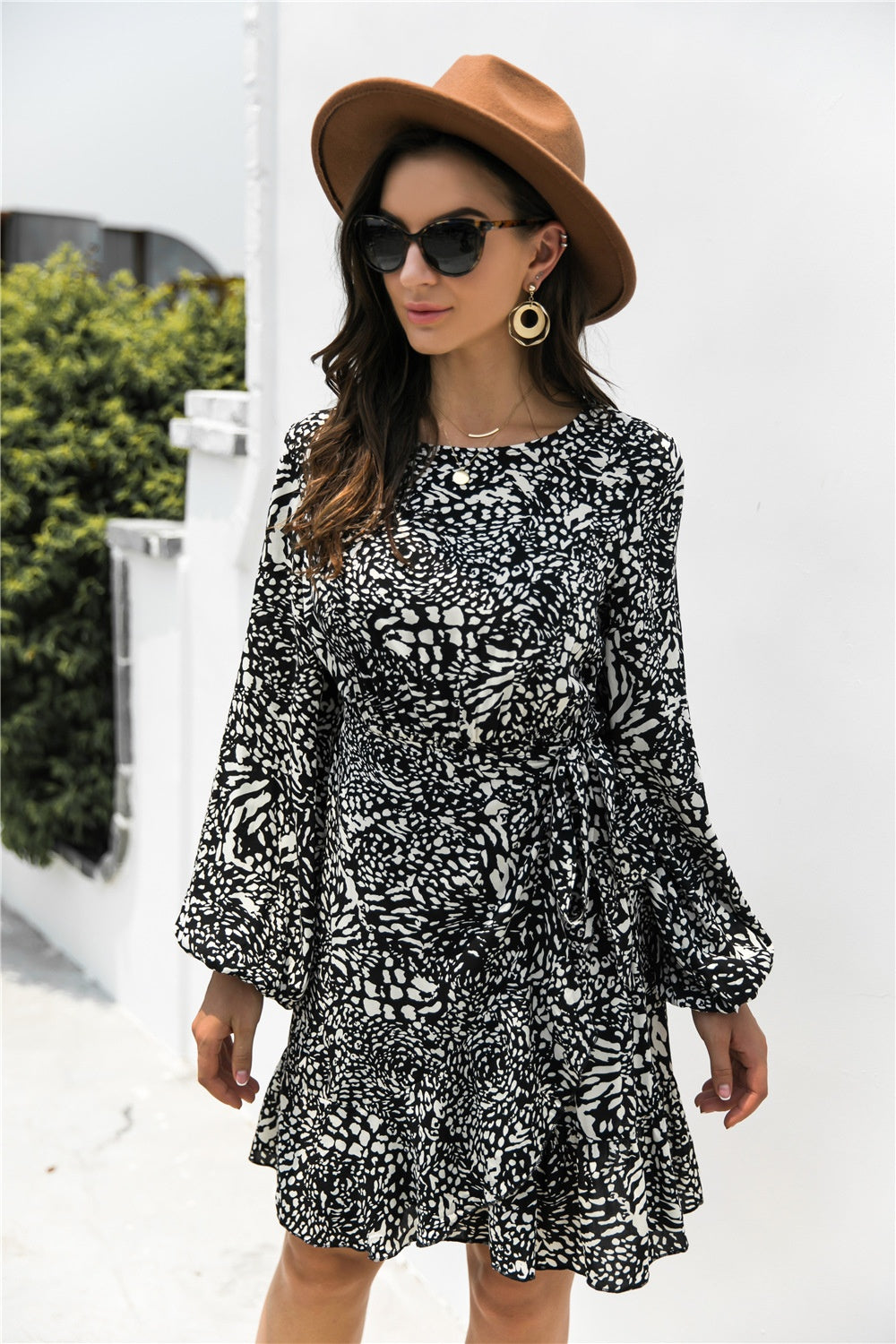Animal Print Round Neck Balloon Sleeve Mini Dress - Classique Collection