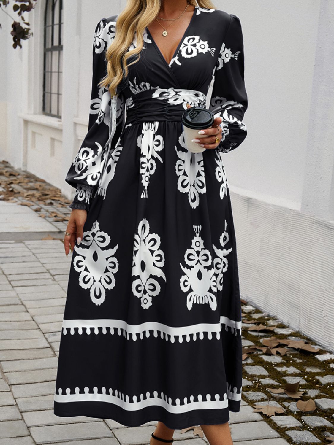 Devine Printed Surplice Lantern Sleeve Midi Dress - Classique Collection