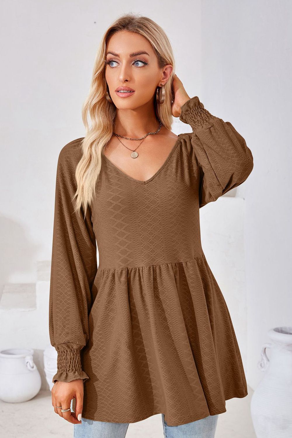 V-Neck Lantern Sleeve Blouse - Classique Collection
