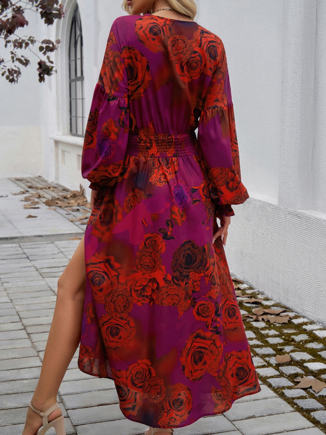 Devine Split Printed Surplice Long Sleeve Midi Dress - Classique Collection