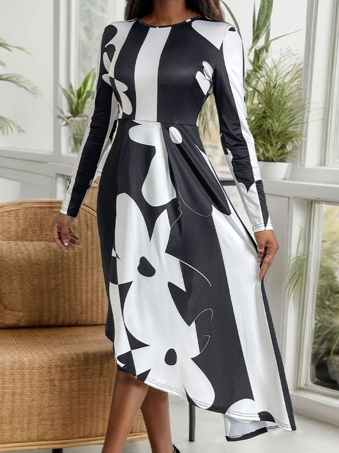 Perfee Asymmetrical Slit Round Neck Long Sleeve Midi Dress - Classique Collection