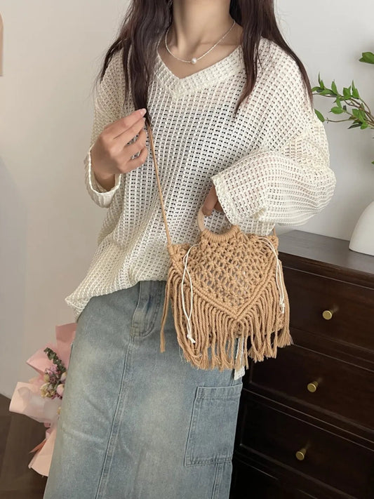 Drawstring Fringe Crochet BagBag