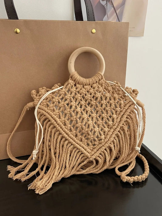 Drawstring Fringe Crochet BagBag