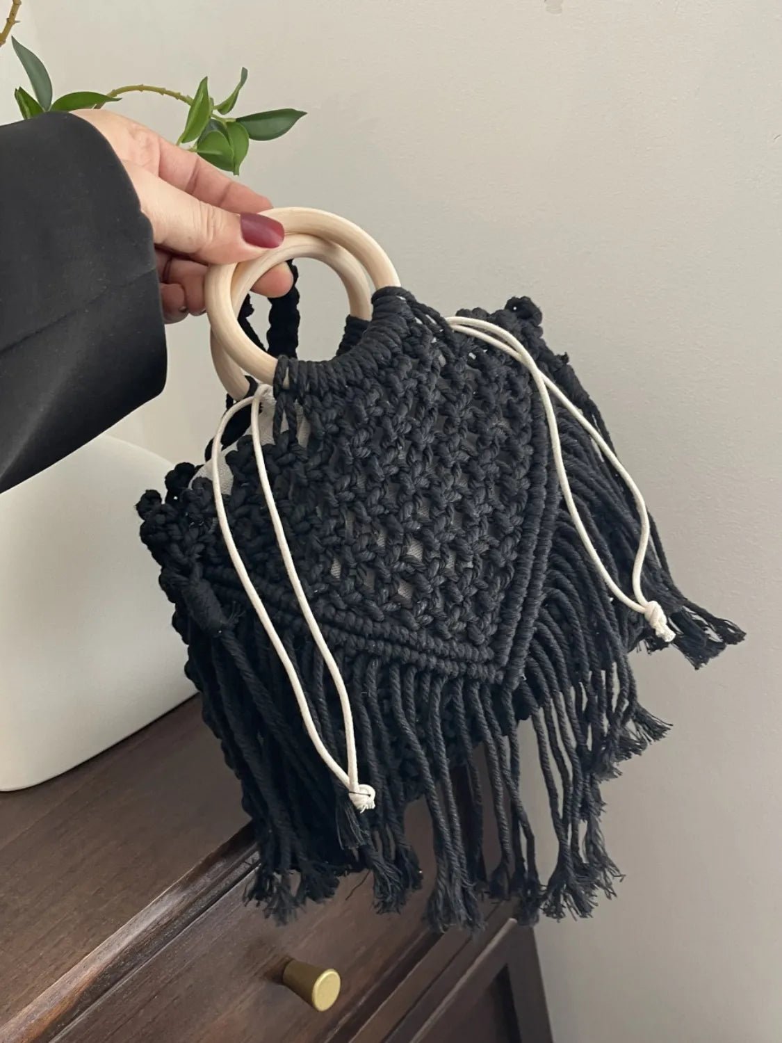 Drawstring Fringe Crochet BagBag