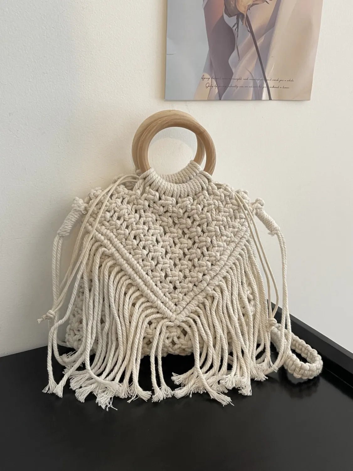 Drawstring Fringe Crochet BagBag