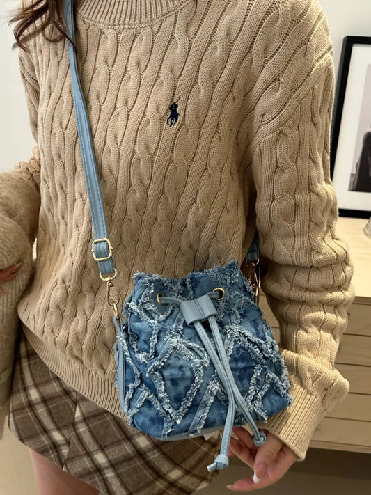 Drawstring Raw Hem Bucket BagBag