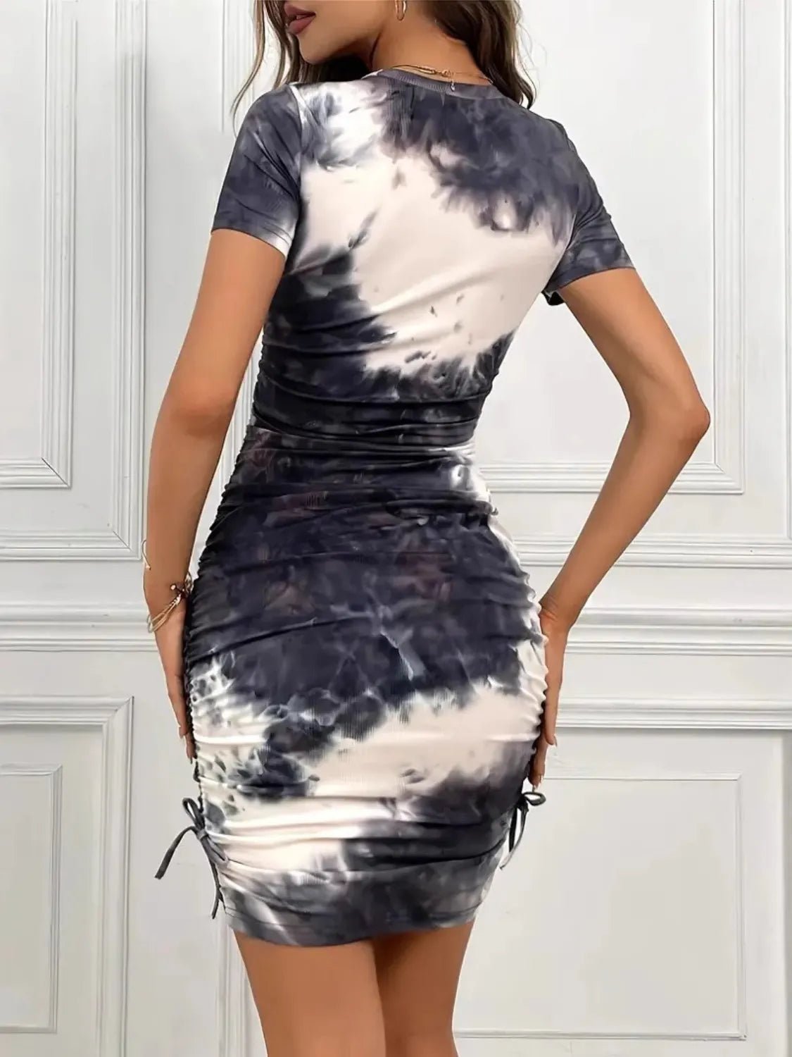 Drawstring Tie - Dye Round Neck Short Sleeve Dress