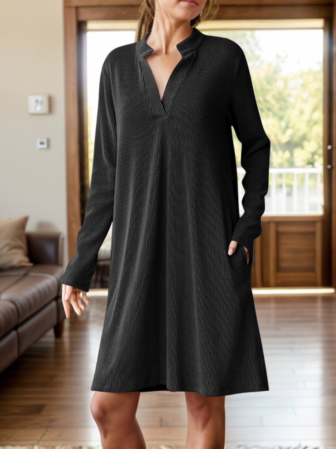 Notched Long Sleeve Mini Dress with Pockets - Classique Collection