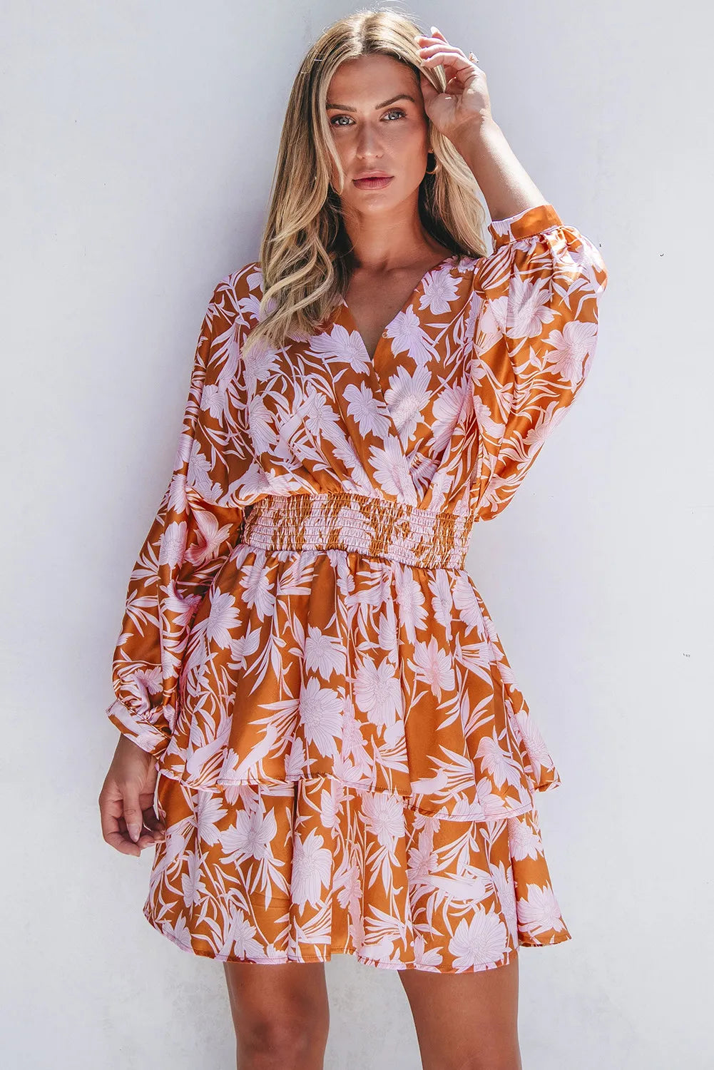 Smocked Printed Long Sleeve Mini Dress - Classique Collection