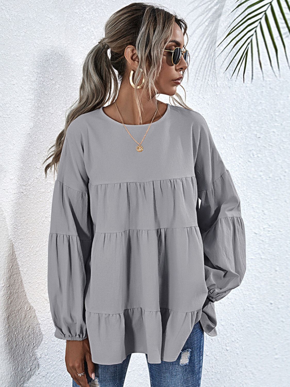 Shiny Round Neck Dropped Shoulder Tiered Blouse - ClassiQ