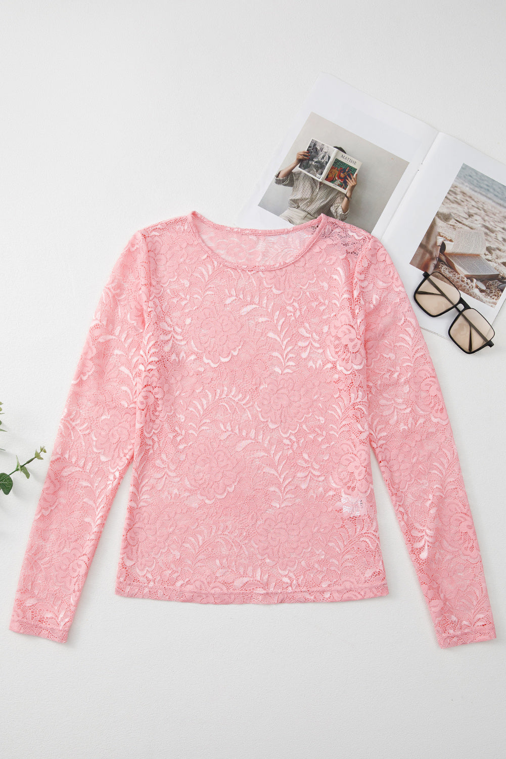 Lace Flower Round Neck Long Sleeve Top - Classique Collection