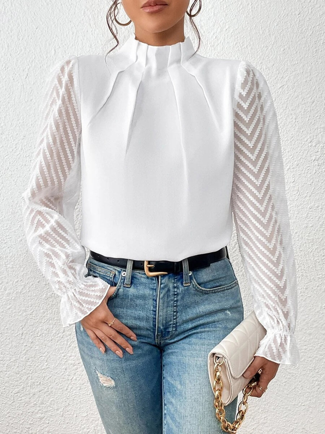 Mock Neck Flounce Sleeve Blouse - Classique Collection