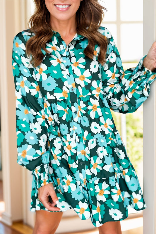 Printed Collared Neck Lantern Sleeve Mini Dress - Classique Collection