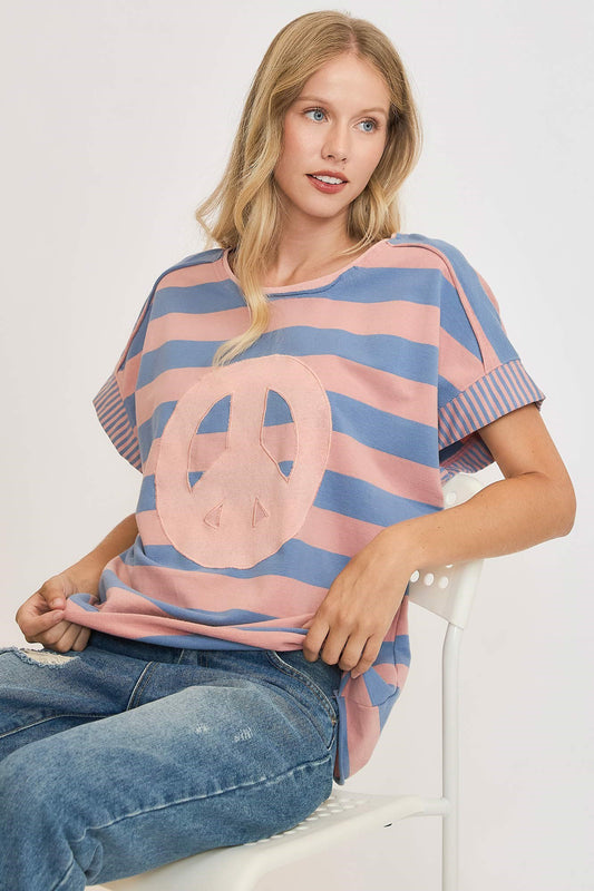 Umgee Peace Sign Patch Striped French Terry T-Shirt - Classique Collection