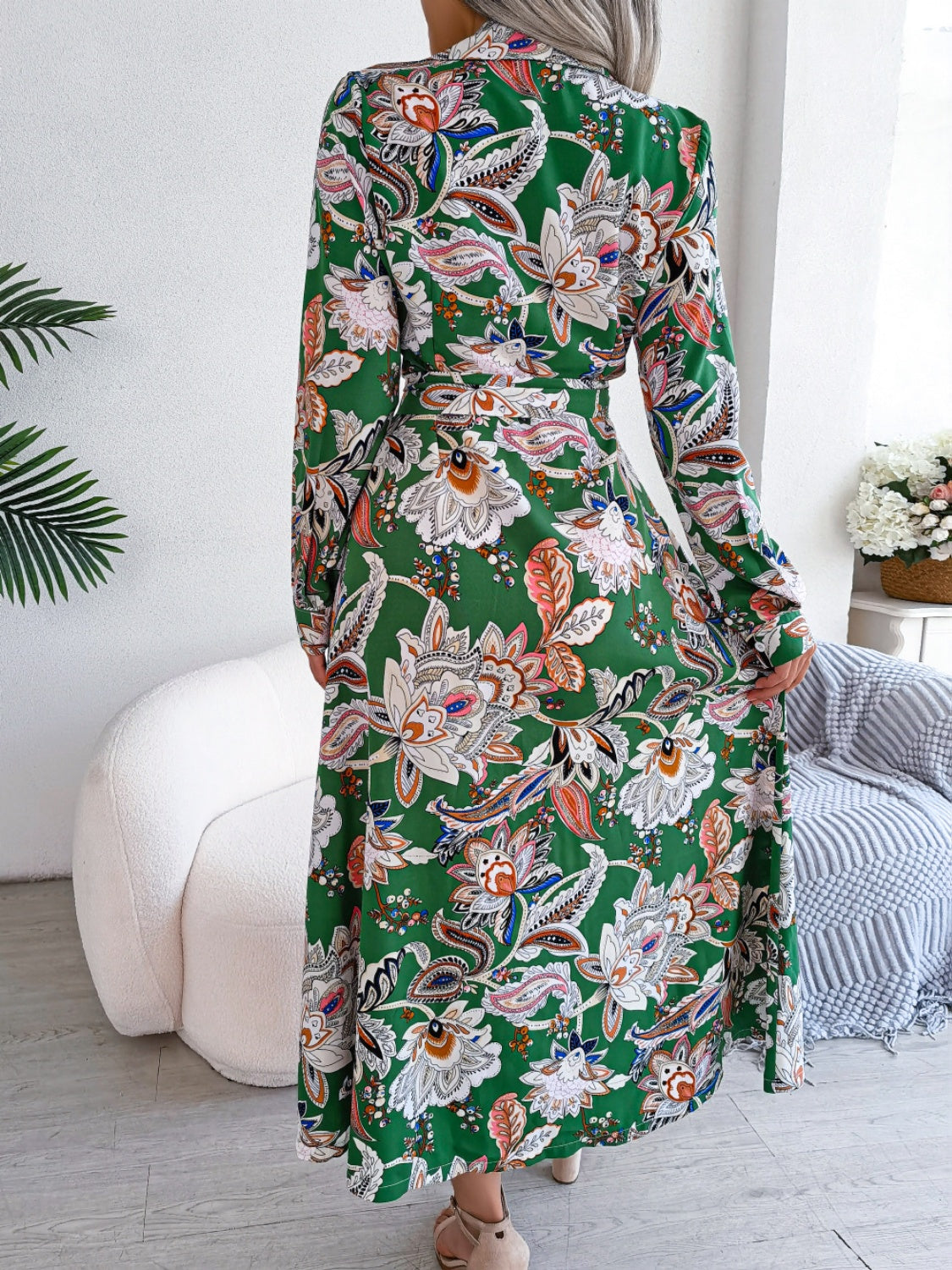 Tied Printed Long Sleeve Midi Dress - Classique Collection